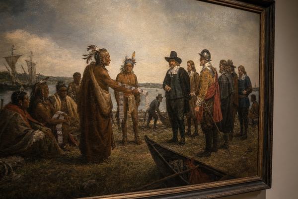 A digital press photograph (2016) of an oil-on-canvas painting depicting the 1626 council at the southern tip of Mannahatta; the photograph is taken in a museum gallery with neutral walls and soft track lighting. The painting’s brushwork is visible with fine craquelure and the linen canvas weave catching raking light; pigments show slight aging and varnish bloom near the upper sky. The composition is off-center, framing the painting at a slight angle so the right stretcher edge and a bit of gallery wall are visible, with no labels or signage. In the painting itself, Lenape sachems present wampum belts while Dutch officers stand to the side, faces distinct and varied, postures informal; trampled shoreline grass, a beached skiff, and low harbor chop appear in the background. Shot on a full-frame DSLR with a 50mm prime at f/5.6, ISO 3200, slight high-ISO noise in shadow areas and minimal barrel distortion; shallow depth of field falls off at the painting’s far edge.