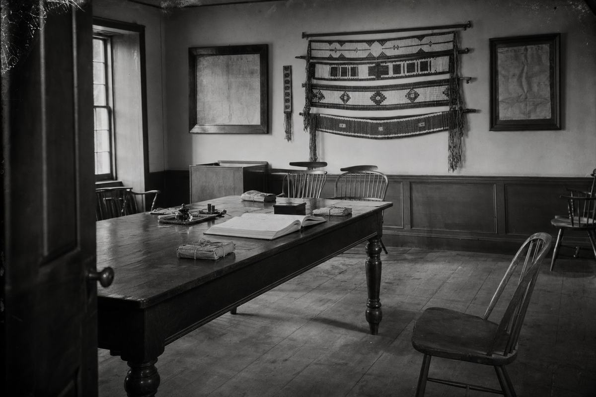 Archival interior photograph, silver gelatin print from 8x10 glass plate negative, circa 1900; New England Treaty Council chamber at Saybrook with wampum belts displayed on a shadowed wall beside framed colonial charters; long oak table with an open minutes book, inkwell, and twine-sealed packets; north window light producing soft falloff and long shadows; moderate grain and rich midtone detail; slight lens vignetting and a faint scratch along the left edge of the emulsion; tripod vantage from the doorway with an empty chair in the foreground, off-center framing; scuffed floorboards and dust motes visible in the beam of light; no legible text anywhere.