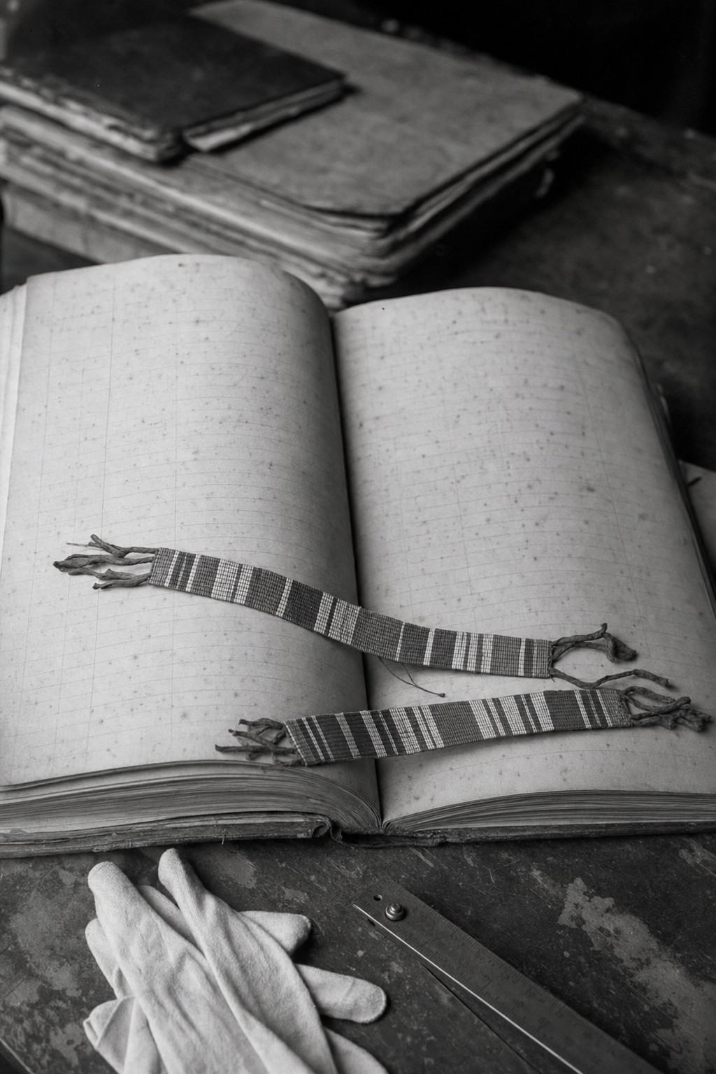 Archival object study, silver gelatin contact print from 5x7 glass plate negative, circa 1912; Saybrook Wampum Registry ledger open on a scarred wooden table with two small wampum belts laid diagonally across the page; paper shows foxing, creased corners, and ink seep at the gutter; shell beads with matte sheen and frayed hide ties; cotton gloves and a brass ruler partly visible at the lower edge of frame; shallow depth from a wide-aperture lens rendering background ledger stacks softly blurred; uneven exposure with light falloff on the right margin; no readable text anywhere.