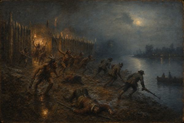 Late-19th-century oil painting on canvas, New England historical school, oblique vantage from a low slope beside the Mystic River at night; fog-shrouded palisade of a Pequot village with torchlight glinting on wet stakes; Pequot defenders surging from a rear gate in a countercharge, distinct faces and postures, some with bows and clubs; disoriented English militia with matchlocks stumbling toward the riverbank, boots slipping in mud; deep blues and muted ochres, scumbled brushwork suggesting fog; varnish yellowing and fine craquelure visible, canvas edges slightly darkened; asymmetric composition with action massed to the left and open water to the right; painted circa 1889; no text or lettering anywhere.