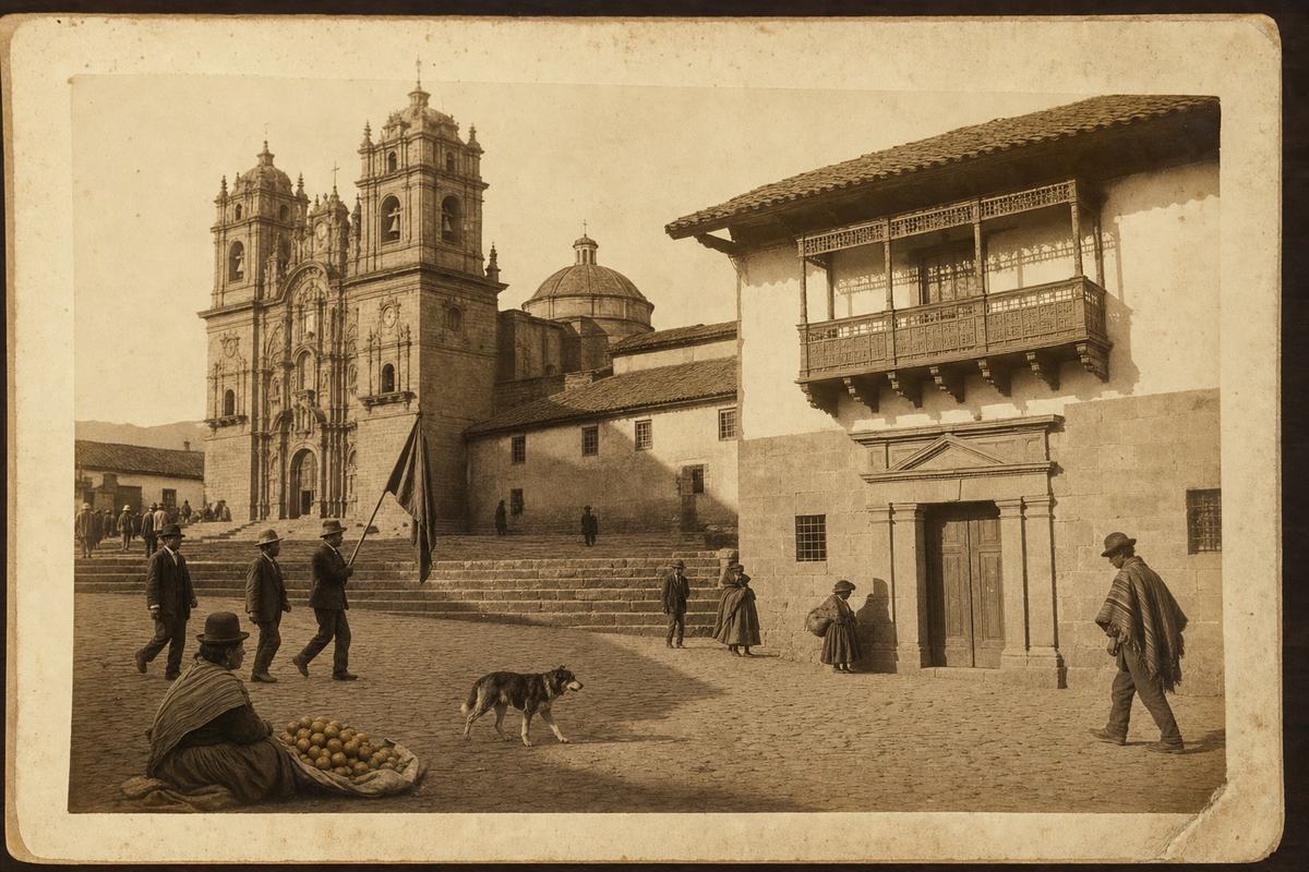 c. 1880 albumen print from a glass negative, warm sepia tones with slight paper cockling and glossy sheen, edges showing light foxing and a soft abrasion on the lower right. Asymmetric street-level view across Cusco’s Plaza de Armas: at left midground a small civic parade passes—three distinct figures in dark jackets and brimmed hats carry a modest standard without lettering—while at right the stone facade and balcony of the bilingual court building catch late sun. A woman with a shawl sells oranges in the near foreground, a stray dog trots across the cobbles, and a cloud shadow falls diagonally over the cathedral steps. The image holds fine detail in masonry and clothing; no studio imprint or captions visible within frame.