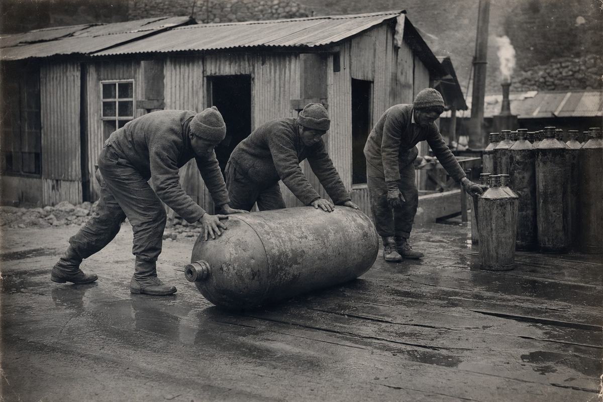 Early 1910s silver‑gelatin photograph on matte fiber paper, slightly underexposed at the edges with gentle falloff and a faint crease near the lower margin. Oblique yard scene at the Huancavelica mercury works: two sturdy workers in wool caps roll a scuffed iron flask with a threaded cap across damp boards, while a third steadies another flask with gloved hands; puddles reflect a corrugated shed and stacked flasks to the rear. Shot on a wooden‑bodied plate camera with a 210mm lens; fine grain, crisp detail in rivets and boot leather; no signage or lettering in frame; breath condenses in the cool air near the men’s faces.