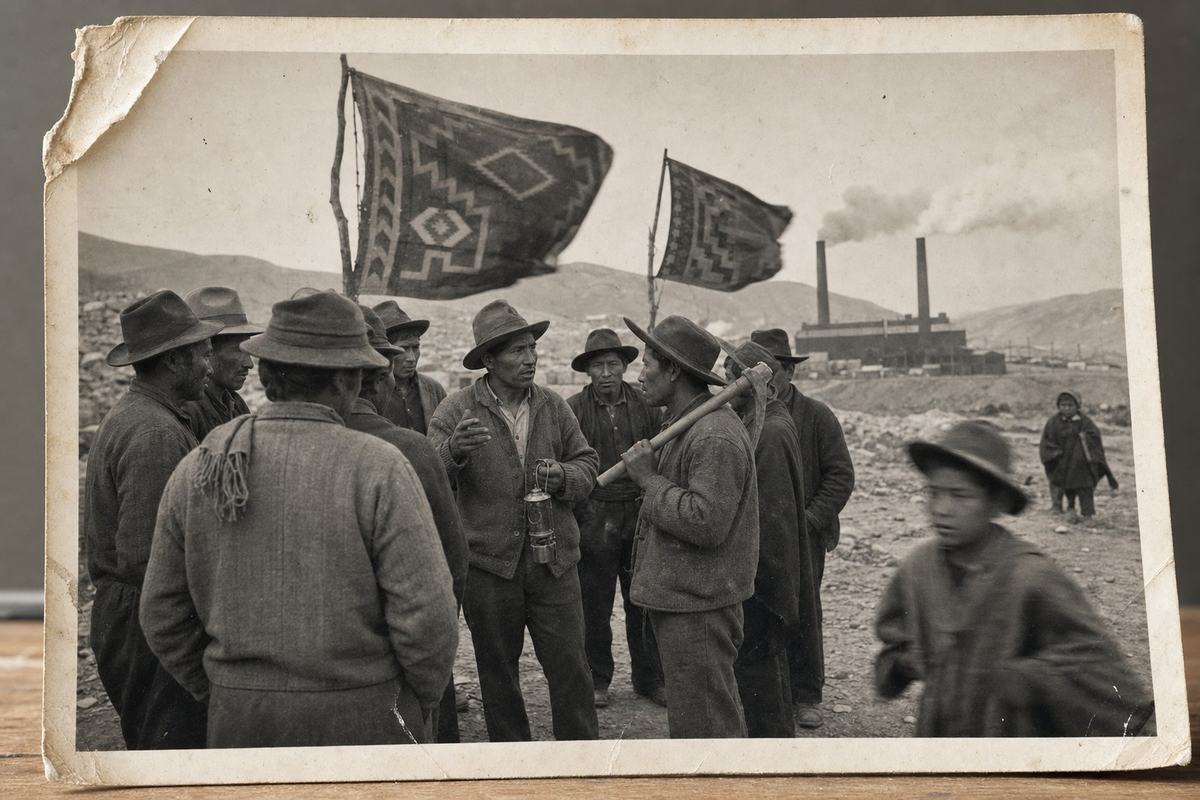 1930s silver‑gelatin print on fiber paper, rich midtones with a slight curl to the sheet and frayed corner at upper left. Three‑quarter view of an ayllu assembly outside Potosí: a circle of miners in wool jackets and felt hats discuss at the edge of a dirt clearing, one man gesturing with a carbide lamp in hand while another rests a pick over his shoulder. Behind them, two fabric banners with geometric motifs (no lettering) lift in the wind; farther back, low smelter stacks send a pale plume across a dry Andean sky. Shot on a 4x5 Graflex Speed Graphic with a 135mm lens; shallow motion blur in a boy stepping into frame at right; dust flecks and faint drying marks visible on the print.
