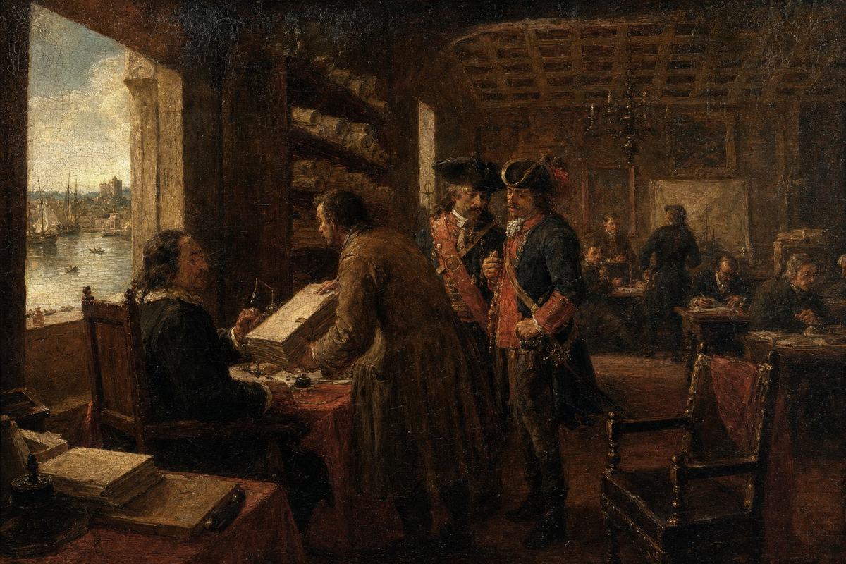 Oil painting of the Iberian Admiralty in session in Seville, c. 1690, with a clerk presenting a ledger and officers conferring in a coffered hall.