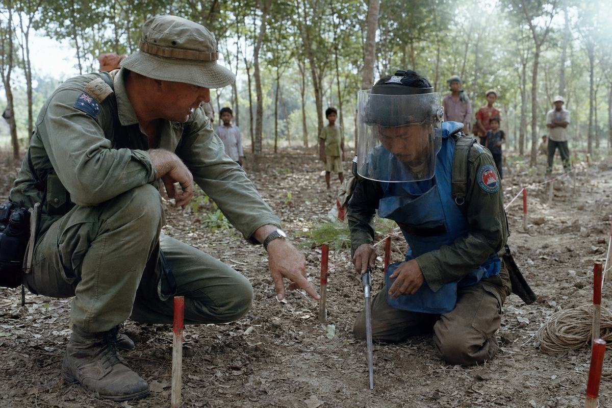 Mid-1994 color negative photograph on Fujicolor Superia 400, dappled light under rubber trees; 35mm lens on a 35mm SLR at kneeling height; an Australian–Cambodian demining pair works a narrow lane near Snuol: a Cambodian deminer in a scuffed face shield and blue vest kneels, probing soil with a bayonet probe, while an Australian team leader in a faded boonie hat gestures to a marked path; thin red-topped stakes and a coil of rope edge the lane; background shows villagers at a distance watching between tree trunks; uneven exposure and light flare through leaves; no text or signage readable.