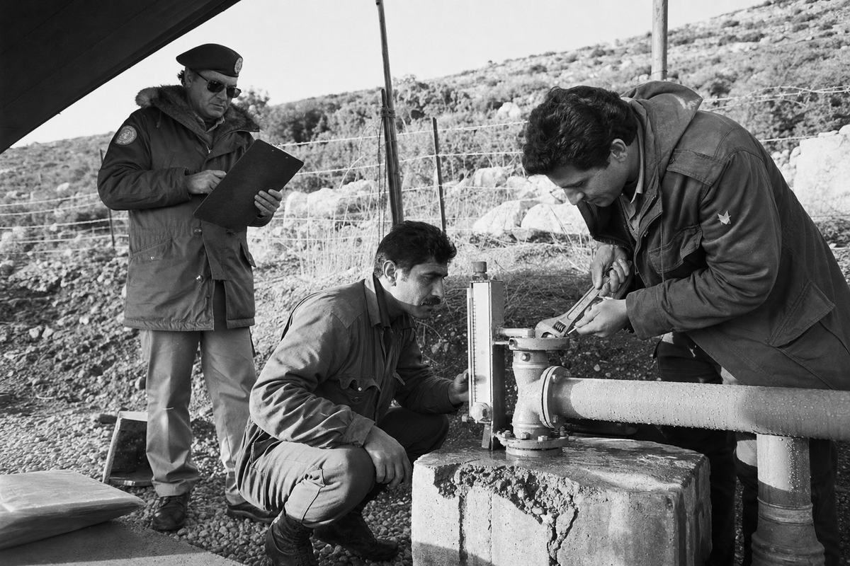Black-and-white silver gelatin press photograph on Kodak Tri-X 400, shot in 1978 with a Nikon F2 and 28mm lens at f/5.6 at a joint water-monitoring station on the Golan rim; asymmetric composition as a Syrian technician squats to check a metal flow gauge while an Israeli technician leans in with a wrench, a UN observer stands back taking notes on a blank clipboard angled away; galvanized pipes with condensation, chipped concrete plinth, coarse gravel underfoot; low winter sun casting hard shadows; medium film grain, slight motion blur on hands; hillside fence and thorny scrub in background, canvas UN tent edge intruding at top left with no legible markings; faces distinct, natural posture; no text visible.