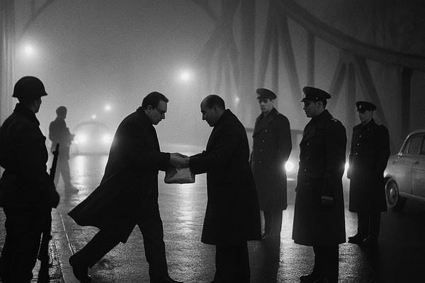 Archival black-and-white photograph taken at night in February 1963 on Glienicke Bridge between Berlin and Potsdam; dense fog hangs over the span; silhouetted armed guards stand apart with uneven postures; two distinct civilian figures mid-handover at the bridge’s center, watched by a pair of Soviet officers; mid-century sedans idle with headlights diffused by mist, halation around the lamps; wet roadway reflecting light; a U.S. marshal’s coat hem whipping slightly in the wind; no legible text or signage anywhere; shot handheld on a Leica M3 with a 50mm lens, Kodak Tri-X 400 pushed to 1600, visible coarse grain, slight motion blur on moving figures, uneven exposure toward the frame edges; incidental details include puddles at the curb rail, breath vapor, and a distant tree line barely visible through fog; asymmetric composition with the action offset to the left third.