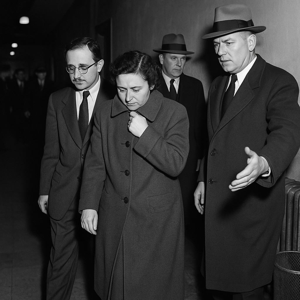 Black-and-white press photograph in a New York federal courthouse corridor, April 1951; Ethel and Julius Rosenberg walk side by side, flanked by two U.S. Marshals in fedoras and overcoats; Ethel clutches her coat collar, gaze downward; Julius looks left toward the floor; the marshal on the right extends an open palm to guide them forward; corridor details include scuffed tile, a cast-iron radiator, and a wastebasket against the wall; background passersby partially out of focus; flashbulb highlights create hard shadows on the plaster; no legible door placards or signage visible (angle excludes nameplates); shot on a Graflex Speed Graphic 4x5 with flash, high contrast, crisp midtones, slight lens falloff at corners; candid, off-center framing with the group pushed toward the right side of the frame.