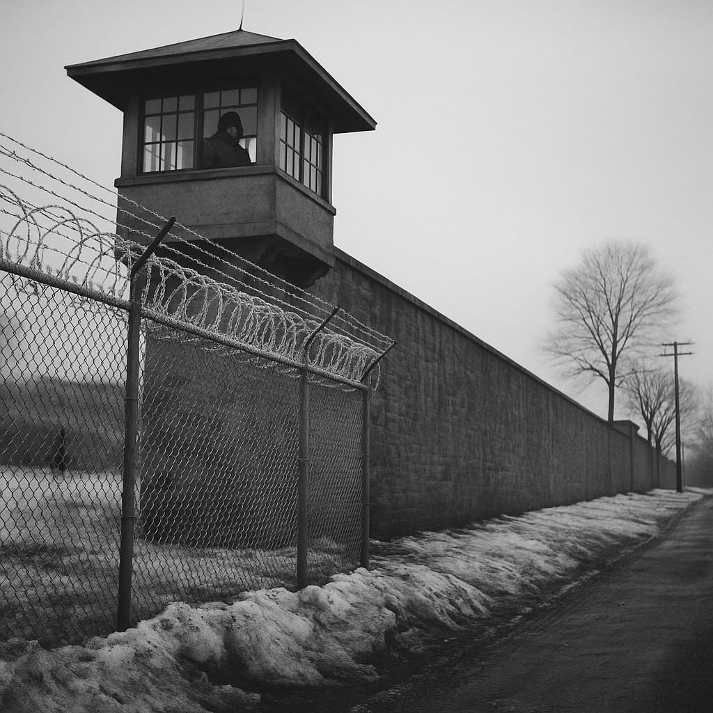 Stark winter black-and-white photograph of the Ossining Prison Complex north wall and watchtower, late afternoon in 1959; frost clings to barbed wire; a lone guard in a heavy parka stands inside the tower, face partially obscured by the frame; dirty snowbanks line a chain-link perimeter; bare trees and a utility pole punctuate the background; overcast sky yields flat, cold light; no legible text, numbers, or signage in frame; shot on a Rolleiflex 3.5 with 75mm lens, Ilford FP4, fine grain, long tonal range, slight vignetting; asymmetrical composition with the tower occupying the upper-left quadrant, the wall receding diagonally across the frame.