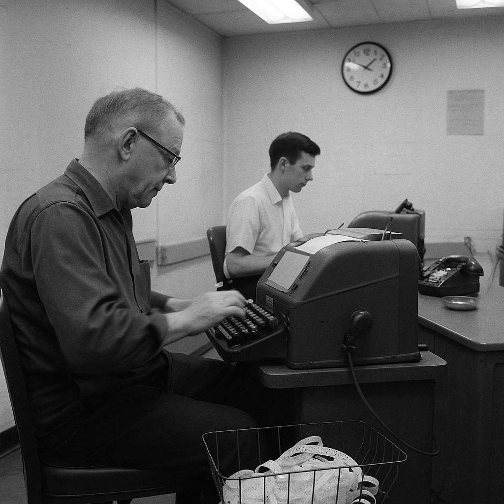 Interior black-and-white photograph of a small U.S. government communications room, circa 1962; two clerks of different ages work at adjacent teletype machines with paper tape cascading into wire baskets; a wall clock and fluorescent fixtures overhead; cables snake along the baseboard; a rotary phone rests on a metal desk beside an ashtray with a single stub; no legible text on machine plates or wall notices (camera angle and distance obscure lettering); shot on a Nikon F with 50mm lens, Kodak Tri-X 400 at box speed, moderate grain, overhead light causing slight glare on enamel surfaces; candid, off-center composition with the nearer clerk’s hands in motion blur while the farther operator watches a strip of tape feed through the machine.