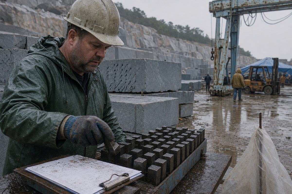 Elberton quarry yard with a foreman checking block stamps beside stacked blue‑gray granite while the crane stands idle in drizzle.