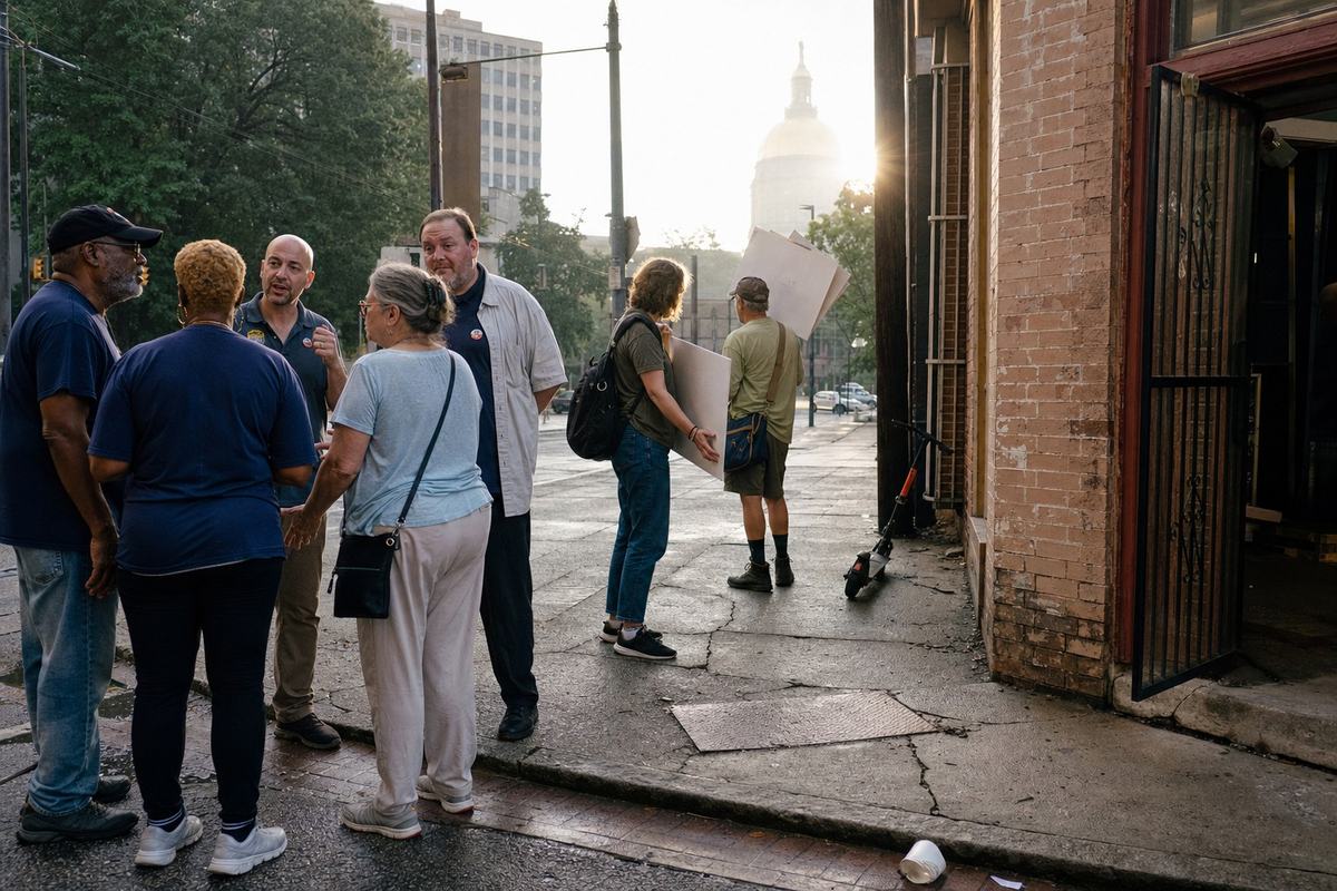 Outside the Works Party office on Mitchell Street, a few supporters and critics cluster under late‑summer haze.