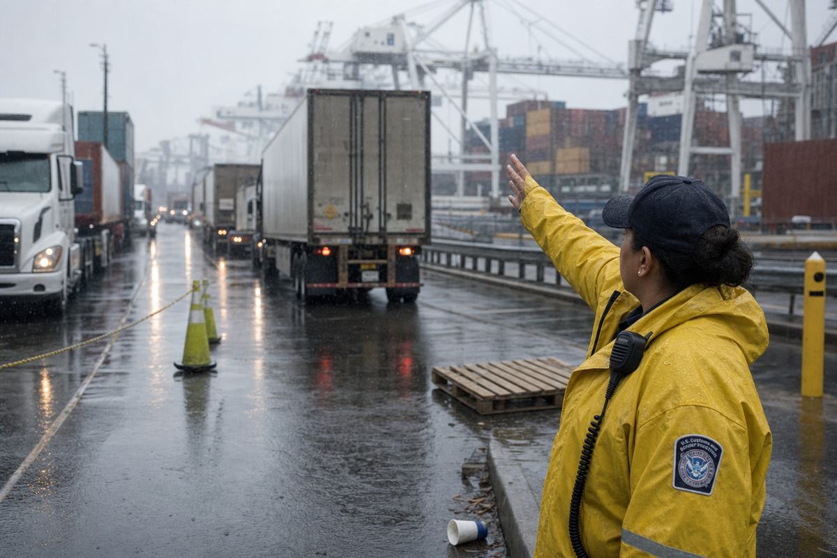 Garden City Terminal customs lane in light rain with one lane open, an officer waving trucks through, and container stacks beyond.