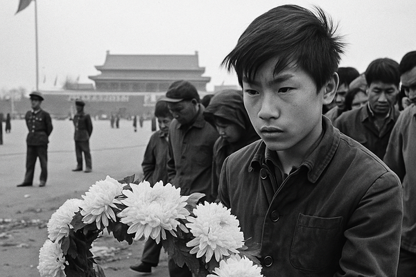 Crowds with wreaths fill Tiananmen Square on April 5, 1976 while militia and PLA officers stand idle behind cordons.