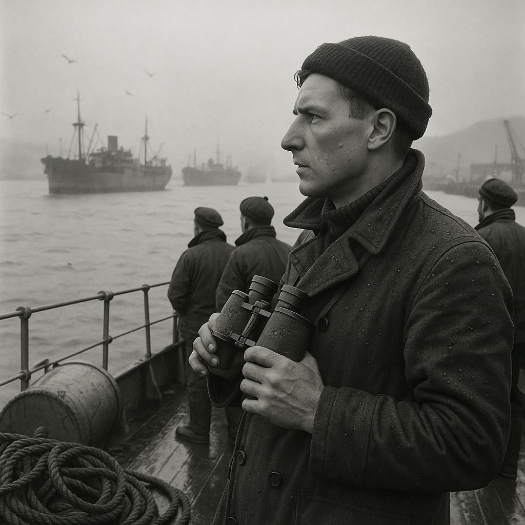 Wartime press photograph (silver gelatin, 4x5 inch) taken in 1942–43 with a Graflex Speed Graphic and 127mm Ektar on Kodak Super-XX; cool, foggy morning with flat light; fine-to-medium grain, slight lens flare from moisture, and faint motion blur on rigging. Asymmetric composition from the bridge wing of an escort corvette in St. John’s Harbour. Dominant subject: a Royal Navy signalman with binoculars at his chest, water beaded on his greatcoat, turning to starboard to watch a line of merchantmen forming up. Background: St. John’s Harbour crowded with freighters at anchor, gulls circling, cranes on the far quay, and the Fog Bay Naval Annex structures faint on the horizon through fog; coils of wet rope and a dented flotation drum in the foreground. Realistic faces and varied builds among two deck crew partially visible behind; no legible ship names or signage anywhere.