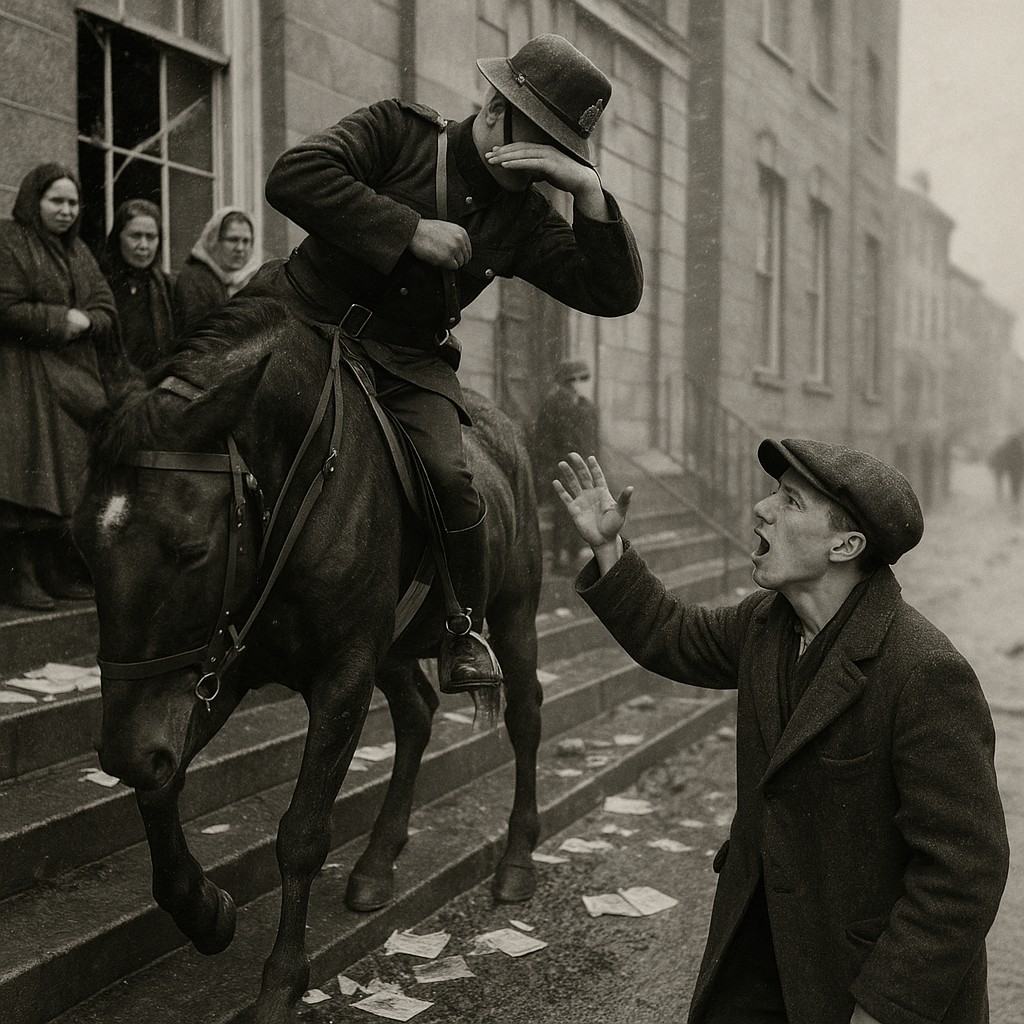 Archival photograph (silver gelatin print, 5x7 inch) of the Colonial Building steps in St. John’s on April 5, 1932, captured with a 4x5 Graflex Speed Graphic and 135mm Tessar lens on panchromatic sheet film; natural overcast light; medium contrast with visible film grain, slight edge vignetting, and minor emulsion scuffs. Asymmetric, low-left vantage from midway up the steps. Dominant subject: a mounted constable leaning from the saddle, forearm raised to shield his face as the horse sidesteps on wet granite; to frame right, a young man in a flat cap and heavy coat reaches upward, mouth open, sleet clinging to his collar. Background details: shattered sash windows with glass on the sill, women in shawls pressed back, a boy’s cap on the step, trampled handbills, slush and coal grit on the treads, row houses along Military Road blurred through sleet. Realistic, varied faces and builds; no modern elements; no legible text or signage anywhere.