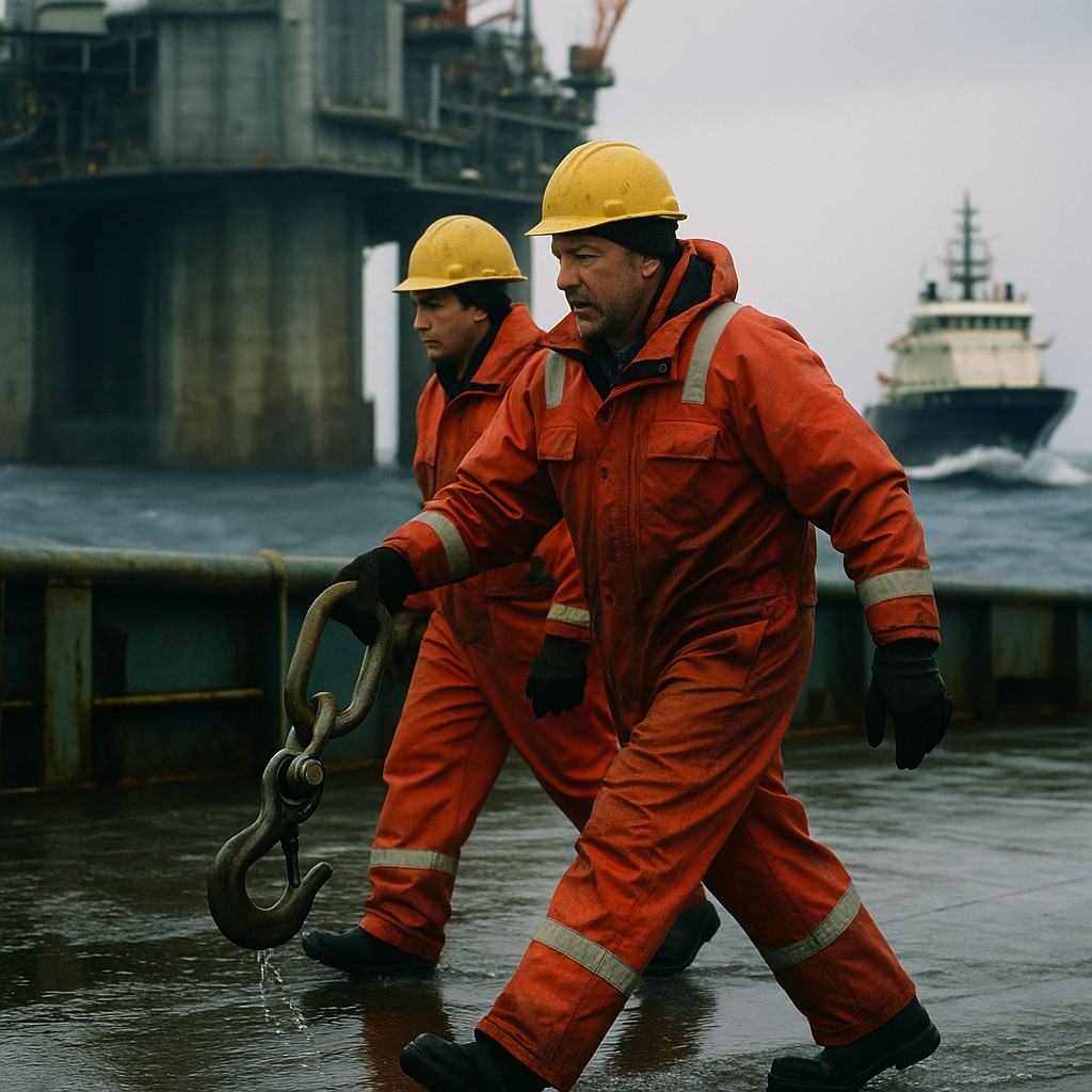 Color photograph on Fujichrome 100 (circa 1997), scanned; slight cool Atlantic cast with saturated reds/oranges; fine grain and crisp edges. Shot from the wet aft deck of a supply vessel with an 85mm lens at low overcast. Dominant subject: two deckhands in orange survival suits and hard hats carrying a sling hook, water sheeting off the nonskid deck as a swell passes. Background: the Hibernia gravity-based structure rises to frame left, dark steel and concrete with cranes and pipes; a second supply vessel sits starboard, white spray at the bow; helicopter pad visible above but no legible markings. Asymmetric composition with the workers mid-stride; realistic faces and posture; no legible vessel names or text anywhere.