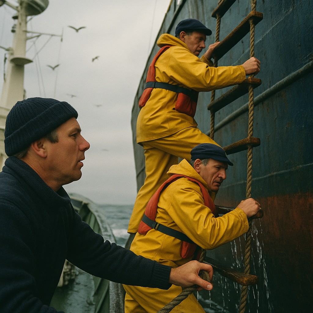 Color photograph (Kodachrome 64, 35mm) shot in 1974 with a Nikon F2 and 35mm lens; overcast morning light with saturated reds and blues characteristic of Kodachrome; fine grain and high microcontrast. Asymmetric, close-quarters angle from the deck of a Fisheries Protection Service cutter. Dominant subject: a coxswain in a wool cap braces with one hand on a heaving boarding ladder while two inspectors in yellow slickers and life belts climb toward the steel hull of a distant-water trawler. Water streams off the ladder rungs; the inspectors’ faces are distinct and weathered. Background: radar mast, gulls in the grey sky, swell against chipped paint; no legible hull names, numbers, or patches visible anywhere.