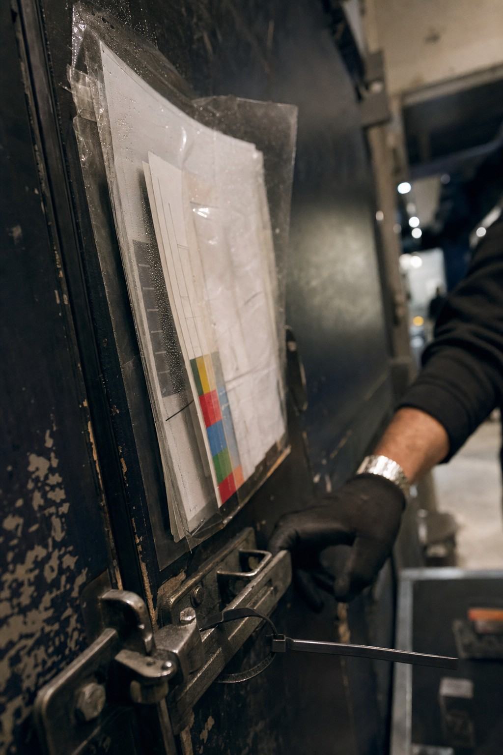Close view of a locked hasp on a backstage door with a plastic sleeve holding permit papers and a color chart, edges curled and surface scuffed.
