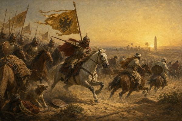 19th-century academic oil painting (Alexandrian academic school), oblique three-quarter-left vantage from a slight rise, depicting the Byzantine imperial victory at Heliopolis, Egypt: dust-hazed desert plain at sunrise, imperial cavalry in lamellar armor surging from left midground with double-headed eagle standards, Arab horsemen in loose robes retreating toward the right with scattered shields; distant palms and a half-seen obelisk at the horizon; naturalistic brushwork with visible impasto in horse manes and dust, thin glazes in the sky; aged varnish with mild yellowing, fine craquelure across mid-tones; no text or lettering anywhere; asymmetrical composition with one standard-bearer leaning forward, jaw clenched, distinct faces and varied builds among riders; incidental details: dropped spear partly buried in sand, a startled dog near a baggage camel at far left; warm, sun-struck palette grounded in earth pigments; museum-wall neutral background implied but not shown (the canvas itself is the subject).