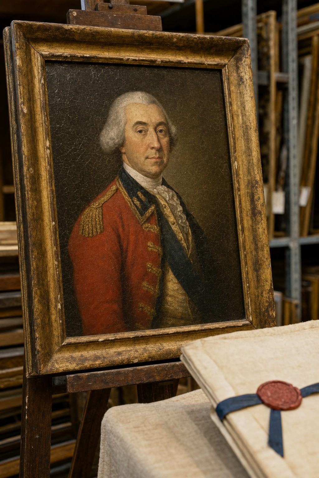 A 1970s museum studio color slide photograph on Ektachrome 64T of an 18th-century oil portrait of General Thomas Gage (British school) on an easel, gilded frame nicked and darkened. Visible craquelure and brushwork; three-quarter bust turned slightly to the viewer’s right. In the lower-right foreground on a linen-covered table, a parchment folio with a red wax seal and blue ribbon (a facsimile of the Boston Articles) is angled so that only the seal, ribbon, and page edges are visible; all writing is cropped out. Shot with a 105mm macro lens under tungsten lamps, slight warm cast, shallow depth of field; background shelves with stacked frames fall out of focus; no text anywhere in frame.
