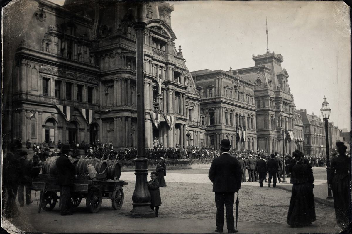 An original late-19th-century silver gelatin print (dry plate negative) showing an oblique street-level view of the Dominion Parliament building in Philadelphia during a Charter Day ceremony, c. 1890. Bunting hangs from the facade; a crowd gathers—men in bowler hats, women in dark dresses, a child peeking around a lamppost, and a vendor cart with barrels at curbside. No legible signs or banners appear in frame. Slight edge curl and faint silvering-out in the deepest shadows; broad midtone range with soft sky halation. Taken with a field camera using an approximately 180mm lens; uneven exposure across corners lends period character.