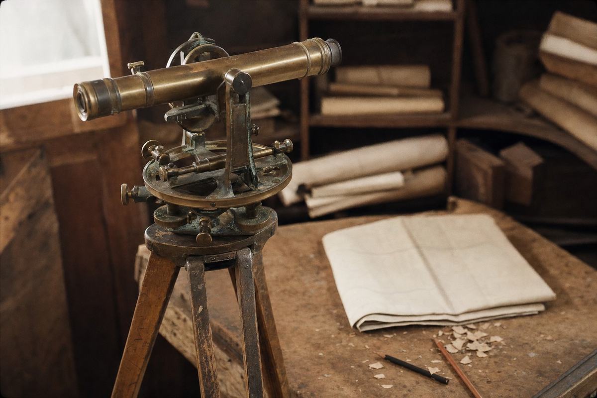 A 1970s museum studio color photograph on Kodachrome 64 of a brass surveyor’s transit circa 1880 used in Atlantic–Pacific Railway surveys. The lacquered brass shows wear to dark brown with small patches of verdigris at joints; the maker’s mark is turned away so no lettering is visible. The instrument sits on a scuffed wooden tripod set beside a pine workbench scattered with pencil shavings; a folded linen map is present with the blank side up. Shot with a 35mm lens at f/4, slight vignetting and warm cast; asymmetric framing with the transit offset left; background shelves hold rolled plans out of focus; no text anywhere in frame.