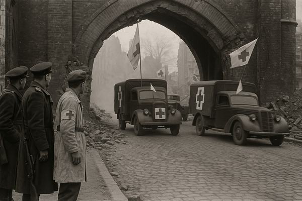 Archival black-and-white documentary photograph, April 1945, Königsberg city gate shattered with fallen brick and dust haze; two Swedish Red Cross trucks and a staff car pass beneath improvised white flags; Soviet officers in greatcoats and a neutral medic observe from the left pavement, weapons slung, hands visible; rubble-strewn cobbles, broken masonry, smoke drift in background; Leica IIIc with 50mm lens, 35mm Agfa Isopan F film, medium grain, slight motion blur on wheel spokes, mild edge vignetting and uneven exposure; candid, off-center framing from knee height; overcast light, realistic skin texture and wartime grime on distinct faces; no visible signage or text on vehicles or walls.