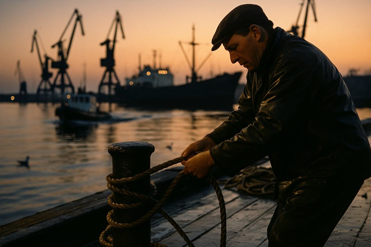 Color slide photograph, late 1960s, Königsberg harbor at dusk from pier level; cranes silhouetted against pale orange sky, a small pilot boat cutting across the lagoon toward a freighter moored along a quay; dockworker in oilskin jacket bracing a line around a bitt in foreground; wet timbers reflecting sodium light, coils of rope and gulls visible; shot on Kodachrome 64 with a Nikon F, fine grain, saturated primaries with slight magenta cast; 85mm lens at f/2, 1/30 sec, gentle motion blur on water and pilot boat wake; asymmetric composition weighted to left third; no legible ship names, numbers, or signage.