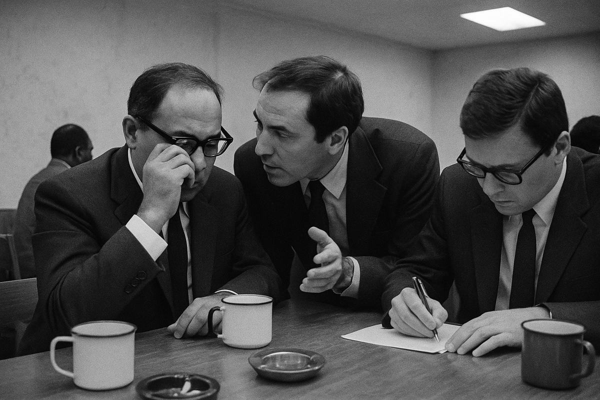 Black-and-white press photograph, early 1970s, plain civic hall in Königsberg during settlement talks; small multilateral delegation around a scuffed wooden table with ashtrays and enamel mugs; one delegate adjusts glasses while an interpreter leans in mid-sentence and another participant takes notes; shot on Kodak Tri-X 400 pushed to 800 with a Canonet QL17, pronounced grain, high contrast, slight lens vignetting; fluorescent ceiling spill, asymmetric over-the-shoulder framing; distinct faces and postures; no legible nameplates, documents, or wall text in frame.