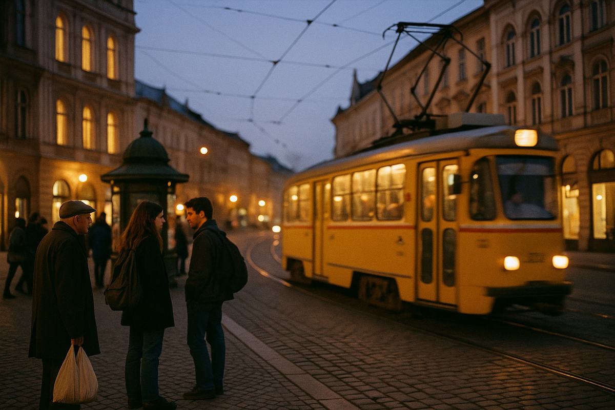 Color negative photograph, mid-1990s, street-level view of reconstructed Cathedral Square at dusk; a yellow tram glides through a cobbled curve while pedestrians cluster near a kiosk; restored facades softly lit and tram wires overhead; Fujicolor Superia 400 on a Nikon F4, visible grain, warm sodium-vapor cast; 35mm lens at f/2.8, 1/60 sec hand-held, slight motion blur on tram wheels; candid, off-axis composition with tram entering from right; distinct faces of a student couple and an elderly man with a shopping bag; no legible route numbers, advertisements, or shop signs.