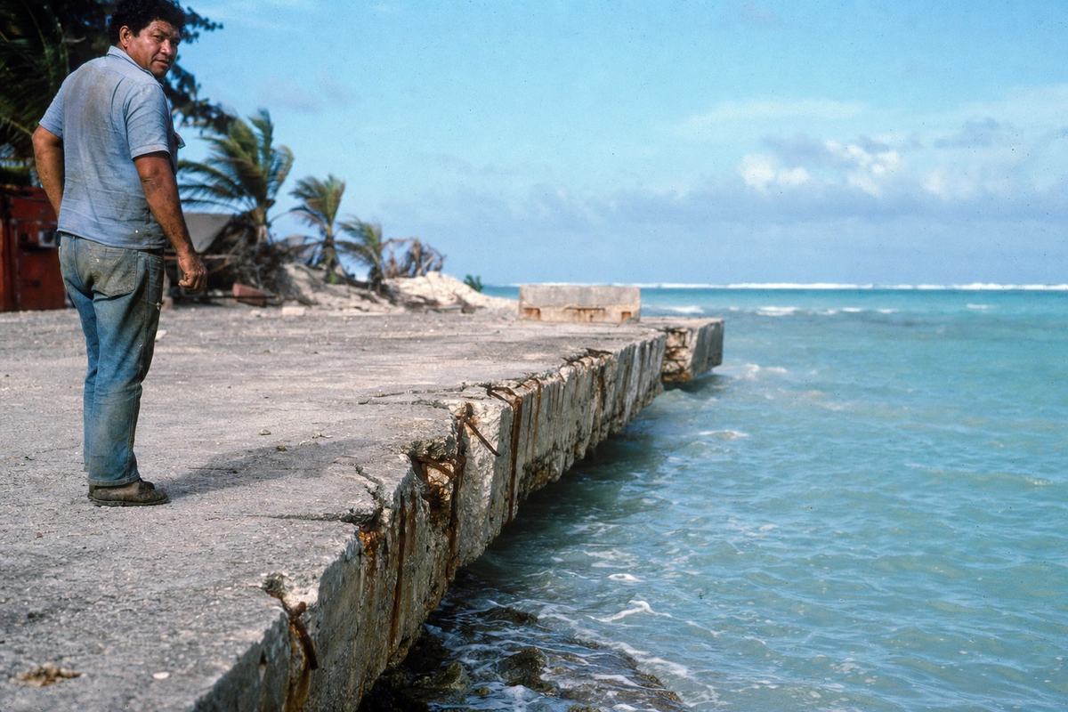 Moruroa, couronne corallienne: béton lézardé en bord de lagon, années 1980.