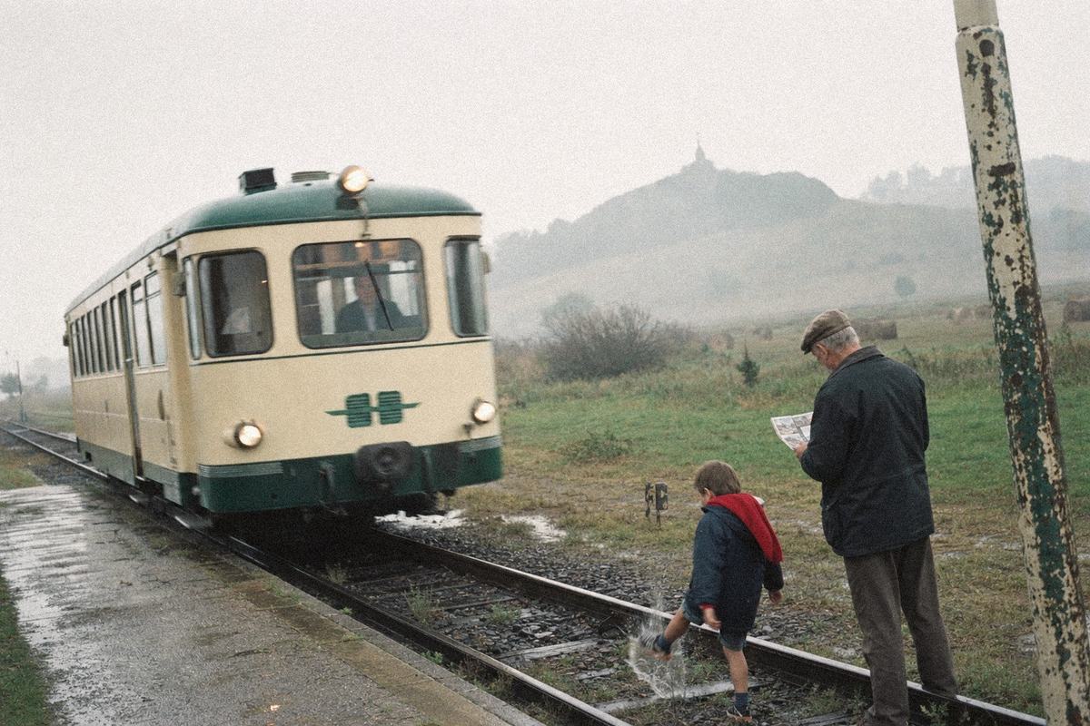Matin brumeux au quai de la Colline des Cuirassiers: la motrice crème et vert du Tram du Souvenir arrive.