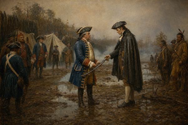 Archival reproduction of a late 18th-century oil painting on canvas depicting the 1754 capitulation at Fort Necessity in heavy rain; French officer Louis Coulon de Villiers (stocky, mid-40s) stands three-quarters left receiving George Washington’s surrendered sword (tall, young, soaked tricorn), the exchange placed off-center; muddy Great Meadows with puddles, low smoke clinging to the ground, a rough wooden palisade and sagging canvas tents in the background; a few French regulars and Indigenous allies observe from varied distances and postures; French historical painting school workshop circa 1780–1795, oblique vantage; visible brushwork on wet cloaks and faces, subdued earth pigments, varnish yellowing, fine craquelure, canvas weave apparent; museum-copy lighting with slight glare on varnish; natural, unsymmetrical grouping; period-accurate uniforms and gear; no text or signage.