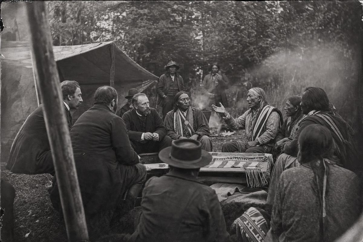 Photographie argentique (v. 1885) d’une séance du Grand Conseil près de Kahnawà:ke, cercle de délégués et ceintures de wampum sur une table basse.