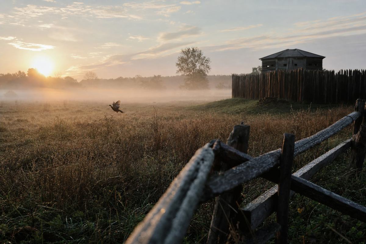 Vue à l’aube du Great Meadows avec brume et redoute en bois à droite, sans signalétique.
