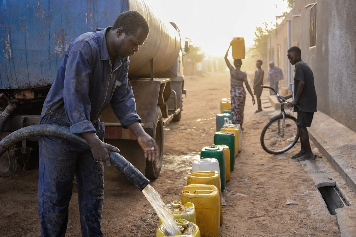 Secteur 30, à l’aube: livraison par camion‑citerne, file de jerrycans le long d’une ruelle sablonneuse.
