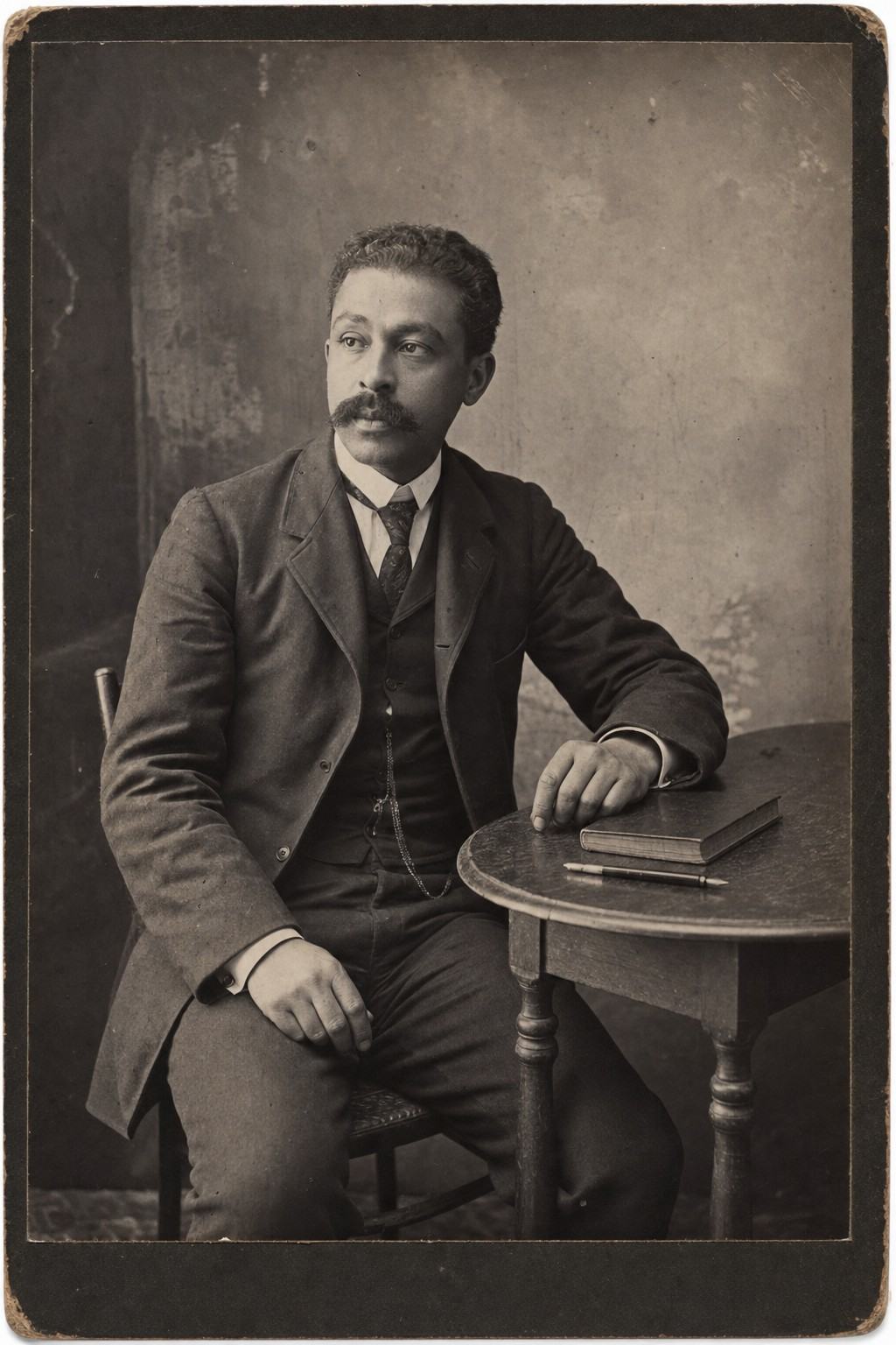 Studio silver gelatin portrait, circa 1910, three-quarter length of Homer Plessy seated at a small wooden table; 8x10 bellows camera with 210mm lens, shallow depth of field; matte fiber print with fine grain and rich midtones, slight vignette and cabinet-card mount wear along edges; Plessy’s moustache neatly trimmed, dark jacket slightly rumpled; his left hand resting on a closed leather-bound ledger and a fountain pen with a lightly tarnished nib lying askew; painted neutral backdrop with scuffs; posture relaxed but attentive, gaze off-camera; soft side light from a high window; no visible lettering on props.