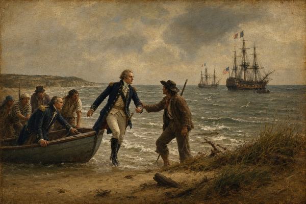 Late 18th-century oil painting on canvas, French school (atelier style), oblique shoreline vantage from behind low dunes; depiction of the Marquis de Lafayette stepping from a surfboat onto a sandy American beach in 1777, right leg forward, boot wet from the wash; a French naval officer steadies the gunwale while a colonial militiaman in homespun reaches to take Lafayette’s forearm; a handful of sailors haul the boat by a painter; offshore, two ships at anchor fly French and American flags; overcast sky, muted natural light, gulls and scattered driftwood; loose, confident brushwork with visible canvas weave, aged varnish and fine craquelure, softened edges and slight ochre discoloration toward the corners; asymmetrical composition with the landing party low left and ships high right; distinct, natural faces with varied ages and builds, imperfect posture; no inscriptions, no banners or lettering visible.