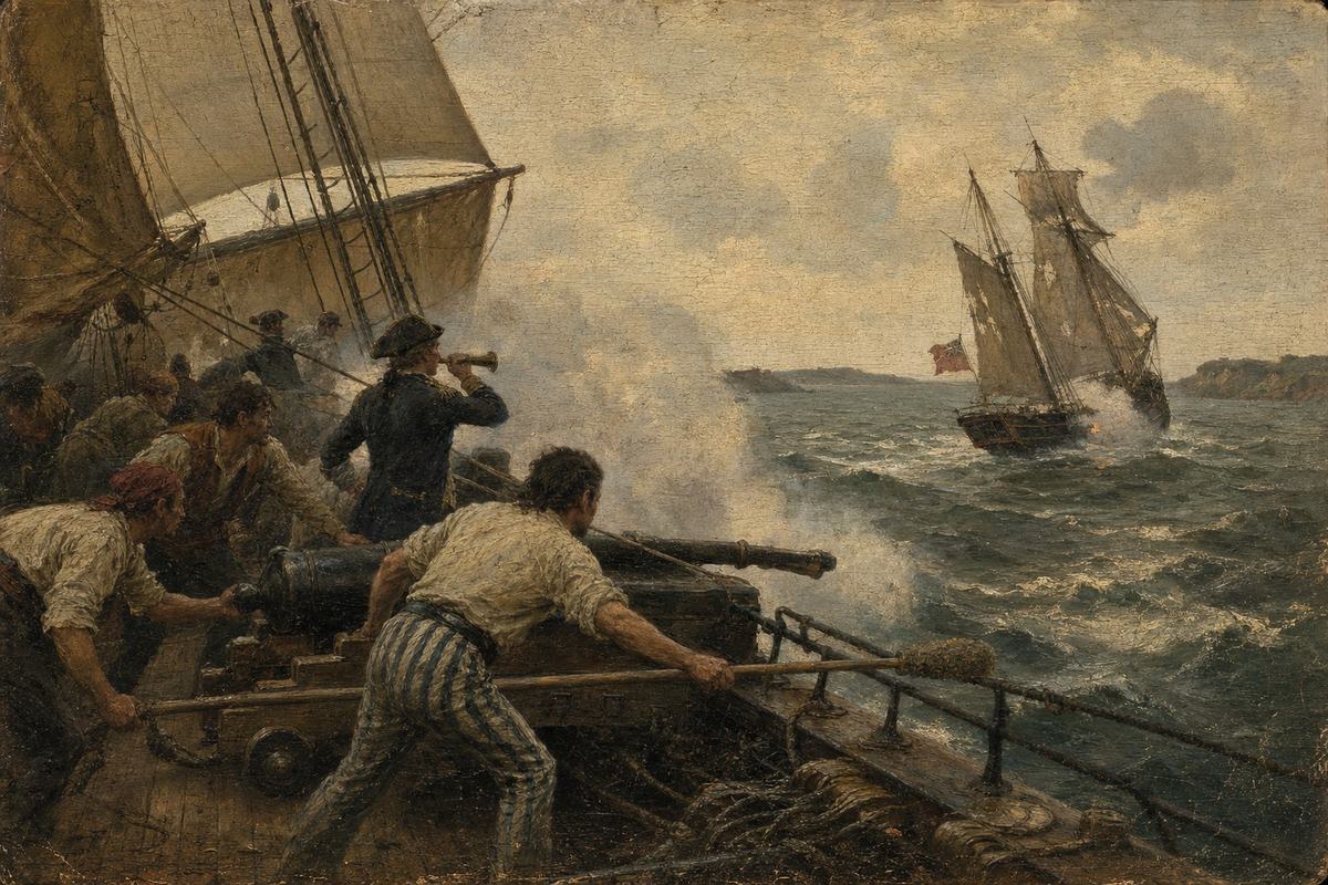 Oil-on-canvas marine painting, French late-18th-century school, quarterdeck vantage from the leeward side of a French frigate at the mouth of the Delaware, autumn 1777; dominant subject: a British sloop heeling to starboard under fire while the French gun crew run out a long 12‑pounder; choppy green-gray sea with spindrift, torn patches on sails, rigging taut, cannon smoke hanging low; crew figures distinct in face and build, one midshipman bracing with a speaking trumpet; off-center horizon with faint headlands; brushy impasto in wave crests, resinous varnish yellowing, fine craquelure and minor abrasions along the lower edge; natural overcast light; asymmetrical action biased to the right; no legible ship names, no banners, no lettering.