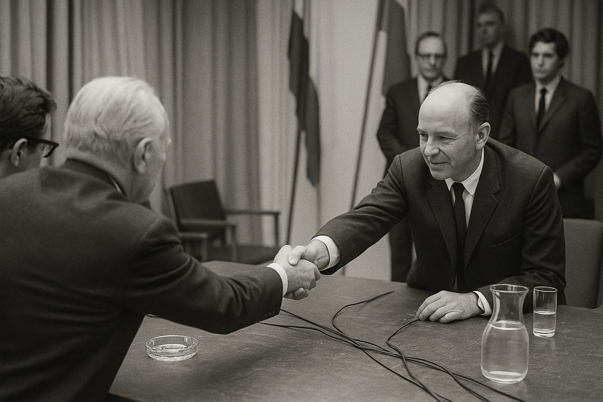 Black-and-white press photograph, June 1971, interior of a Reykjavik conference room during the final session of the Reykjavik Accords. Candid handshake between two chief negotiators across a scuffed wooden table with glass ashtrays, water carafes, and tangled microphone cables; an interpreter partly in frame at left. Mixed ages and builds, natural skin texture, imperfect posture; background flags and curtains are out of focus with no readable symbols. Shot on a Nikon F with a 50mm lens using Kodak Tri-X 400; slight flashbulb bounce glare, visible grain, corner vignetting, uneven exposure across the table. Asymmetric framing from over-the-shoulder, chairs misaligned. No text or nameplates visible.