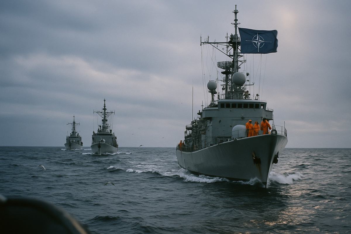 Color slide photograph, late 1970s, North Sea. Three European frigates (French, Dutch, German) in loose line-abreast patrol under a shared blue operational ensign hoisted on the lead mast; cool, slaty light with low clouds, sea state 4. Crew in orange foul-weather gear on foredecks; seabirds skimming the waves. Taken from a small RHIB at approximately 70mm on Ektachrome 100; saturated but cool color cast, slight horizon tilt, gentle lens flare, and fine slide grain. No hull numbers, ship names, or readable markings visible. Asymmetric composition with the lead frigate forward-right and the trailing ships staggered into distance.