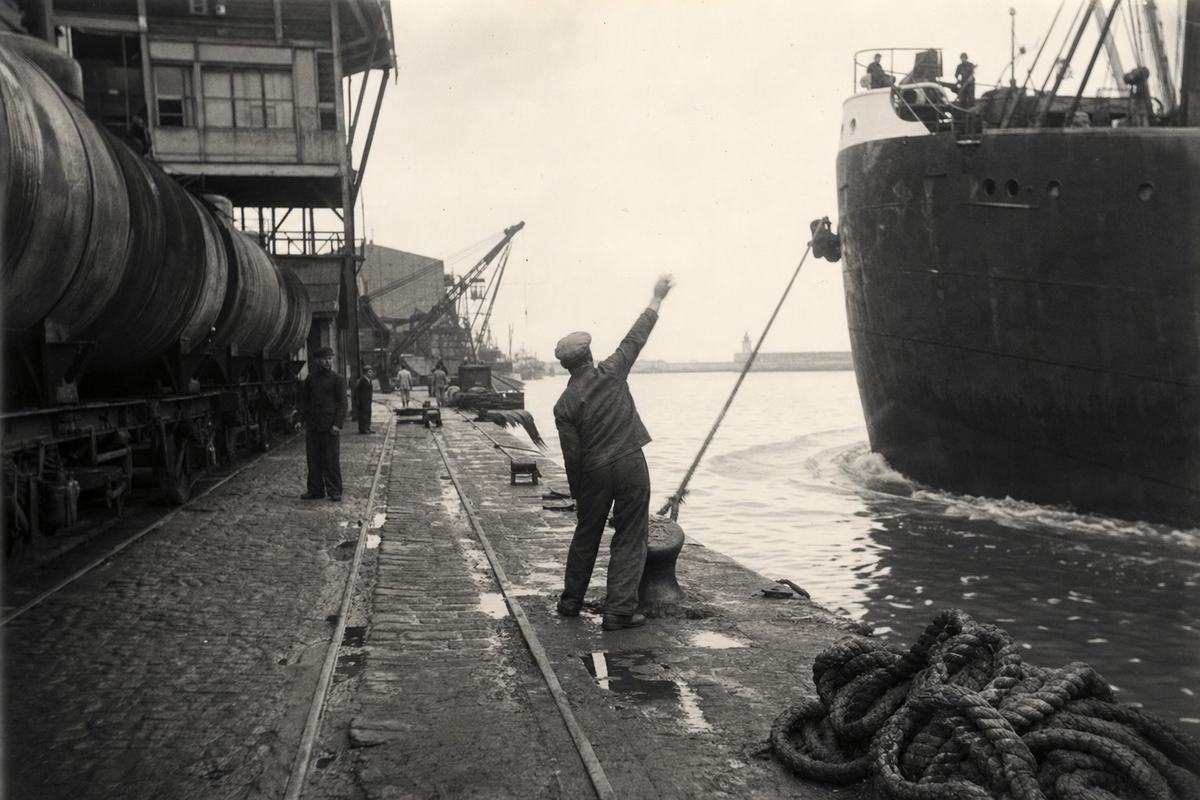 Black-and-white gelatin silver press photograph, Beirut harbor, late 1930s; oblique view from low quay level as a dockworker in a flat cap raises his arm to guide a tanker's mooring line; rails with tank wagons run along the edge, cranes and coiled ropes in frame; wet cobblestones with puddles reflecting an overcast sky; mild haze over the breakwater; medium contrast with fine grain typical of 120 roll film; captured on a folding medium-format camera with an 80mm lens; slight motion blur on the worker’s hand, uneven exposure at the edges; no ship names or signage visible.