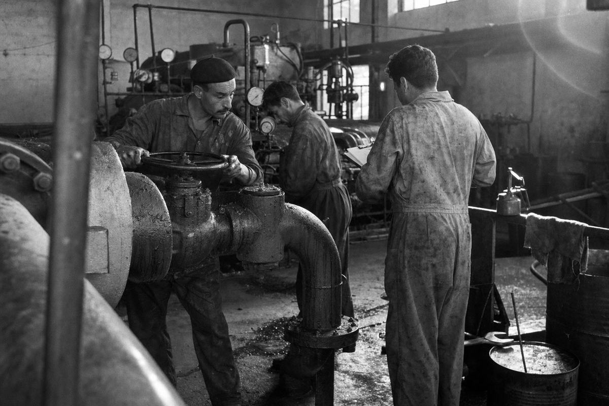 Black-and-white industrial photograph on Kodak Tri-X 400, Homs region pumping station, mid-1950s; three technicians in oil-stained coveralls cluster around an exposed pipeline elbow as one man grips a wheel valve and another checks a clipboard turned away from camera; gauges angled so numerals are not readable; sunlight slants through dusty high windows, casting streaks on a concrete floor; oil drums, spanners, and a rag on a railing; pronounced grain, strong midtone contrast, slight lens flare; shot handheld with a 35mm rangefinder and 35mm lens; asymmetrical framing with a foreground pipe dominating the left side.