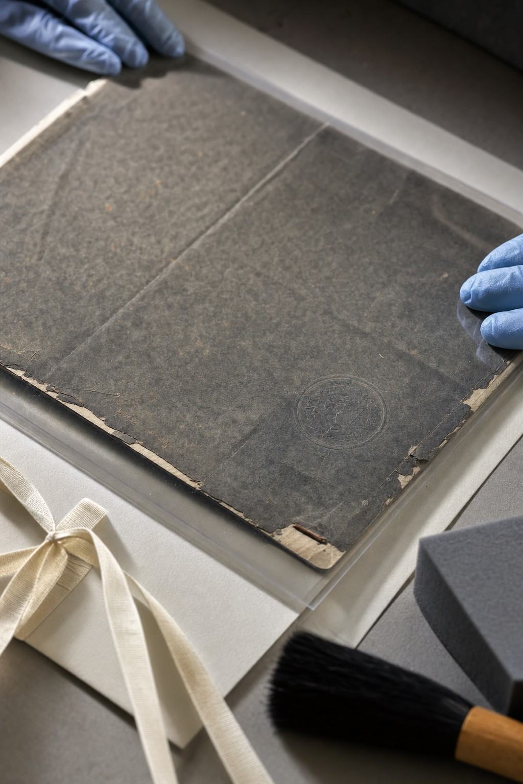 Copie carbone d’une ordonnance de 1941 sous Mylar sur table de conservation, agrafe rouillée visible.