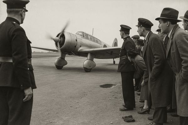 Archival black-and-white press photograph from 1937 at Paris–Le Bourget airport, showing the Japanese long-distance aircraft Mitsubishi Ki-15 “Kamikaze” taxiing on sunlit tarmac; French gendarmes form a loose cordon while a mixed crowd of onlookers in 1930s coats and hats leans in; candid, asymmetric framing from waist height as if shot on a Leica III with 50mm Elmar lens; Agfa Isopan F panchromatic film, fine-to-moderate grain, slight motion blur on propeller, gentle lens vignetting; incidental details include scattered pebbles on the ground, a puddle reflecting part of the wing, and a mechanic’s oil-stained glove near frame edge; no visible signage or lettering anywhere.
