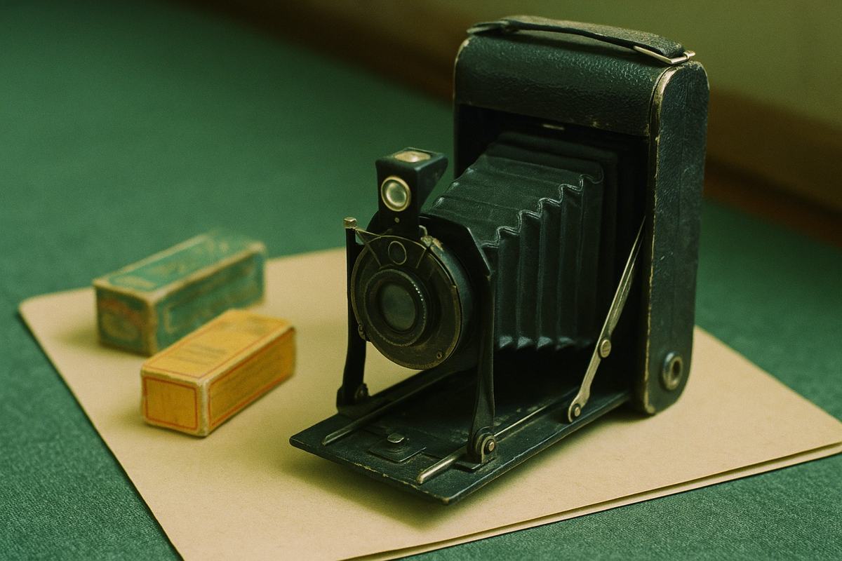 Color tabletop object-study photograph made in the 1990s of a 1930s folding camera (black leather bellows) and two period film boxes arranged casually on a green felt-lined archival table atop a manila security folder; asymmetric, three-quarter angle; Fujicolor 200 film on a Nikon F3HP with 55mm Micro-Nikkor, slight fluorescent green cast, soft museum lighting, shallow depth of field; visible wear: scuffed leather, tarnished metal struts, foxing on paper edges, fingerprint smudges on glass; no legible text on the folder, labels, or film boxes.