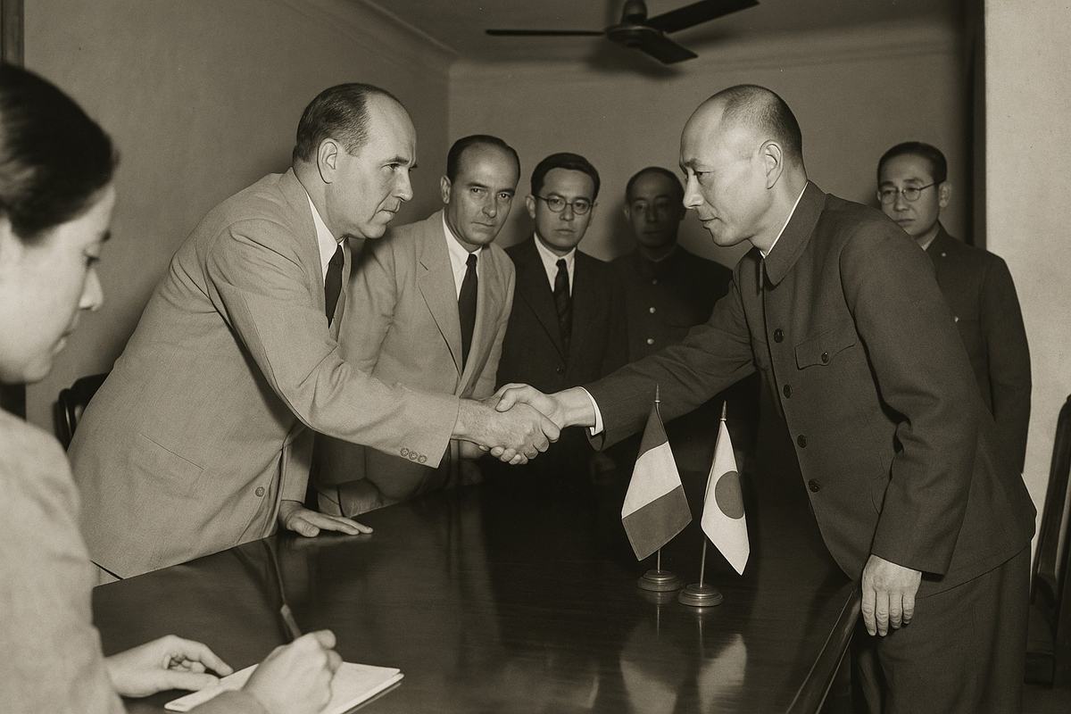 Late-1944 indoor black-and-white press photograph from Saigon: oblique view of French and Japanese delegates reaching across a polished table for a brief handshake as aides look on; small table flags to the side, a ceiling fan above; asymmetric framing from the side aisle; captured on a Speed Graphic 4x5 with flashbulb fill, silver gelatin print on fiber paper; crisp midtones, hard flash highlights on foreheads, slight falloff at corners, a secretary’s pencil mid-note blurred; no visible documents with legible text.