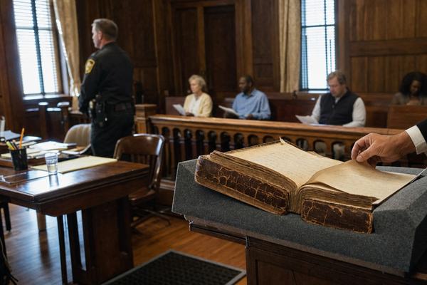 Documentary photograph, 2026, inside the Davidson County Chancery courtroom (Part III) during an evidentiary hearing. Post-2000 digital press photography using a full-frame mirrorless camera with a 50mm prime at f/2; shallow depth of field with focus locked on a 19th-century leather-bound ledger resting on a foam cradle near the clerk’s station. ISO 3200 produces light noise in the shadowed oak paneling; natural afternoon window light falls across counsel tables with scattered legal pads, a plastic water cup, and a pencil cup; slight motion blur of a hand gently turning a page. Asymmetric composition with the ledger in the foreground right; the bailiff stands by the rail mid-frame left; three gallery attendees of different ages and builds hold photocopied sheets but are softly out of focus. Faces have natural skin texture; posture relaxed, no one is posed or centered. Scuffed wood floor, a worn vent cover, and faint dust in the light beam provide incidental detail. No readable text or signage anywhere in frame.