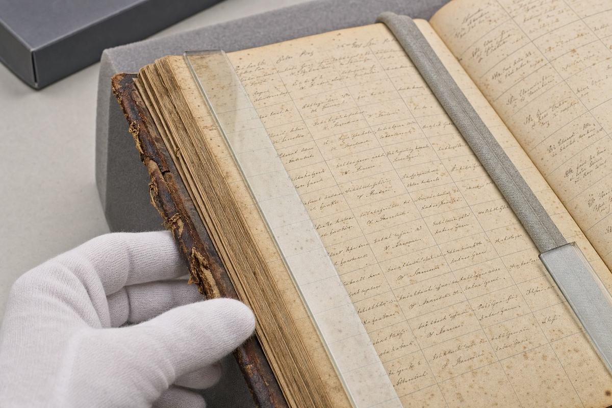 Close-up of a nineteenth-century ledger on a foam cradle, with inked columns, worn edges, and conservation tools visible.
